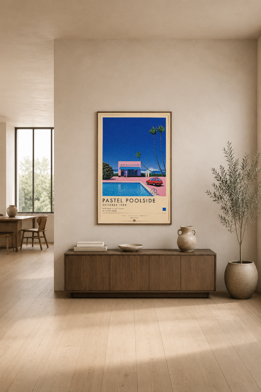 Pastel Poolside tablosu, minimalist iç tasarımlı modern bir salonda, TV ünitesinin üzerinde sergileniyor.