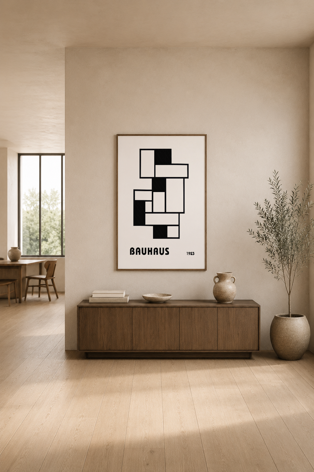 Bauhaus 1923 siyah beyaz geometrik poster, modern oturma odasında ahşap konsol üstünde zarif şekilde yerleştirilmiş.