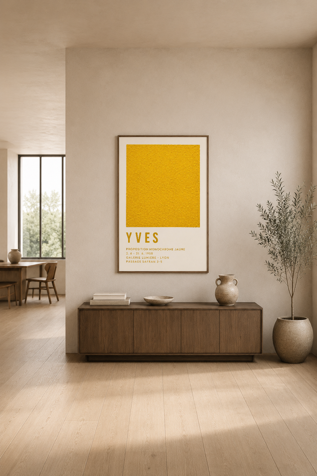 Canlı sarı renk poster, modern minimalist oturma odasının duvarına asılı dekorasyon.