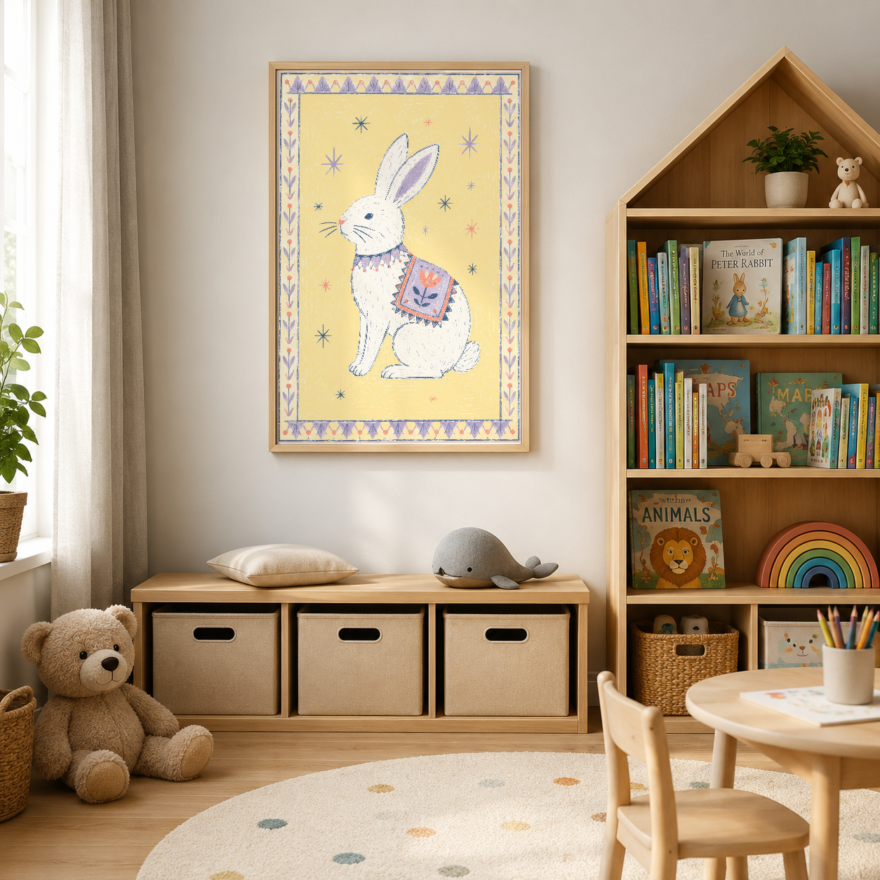 Pastel sarı arka planlı dekoratif tavşan tasviri, ahşap çerçevede çocuk kütüphanesinin üzerinde sıcak bir dekorasyon detayı.