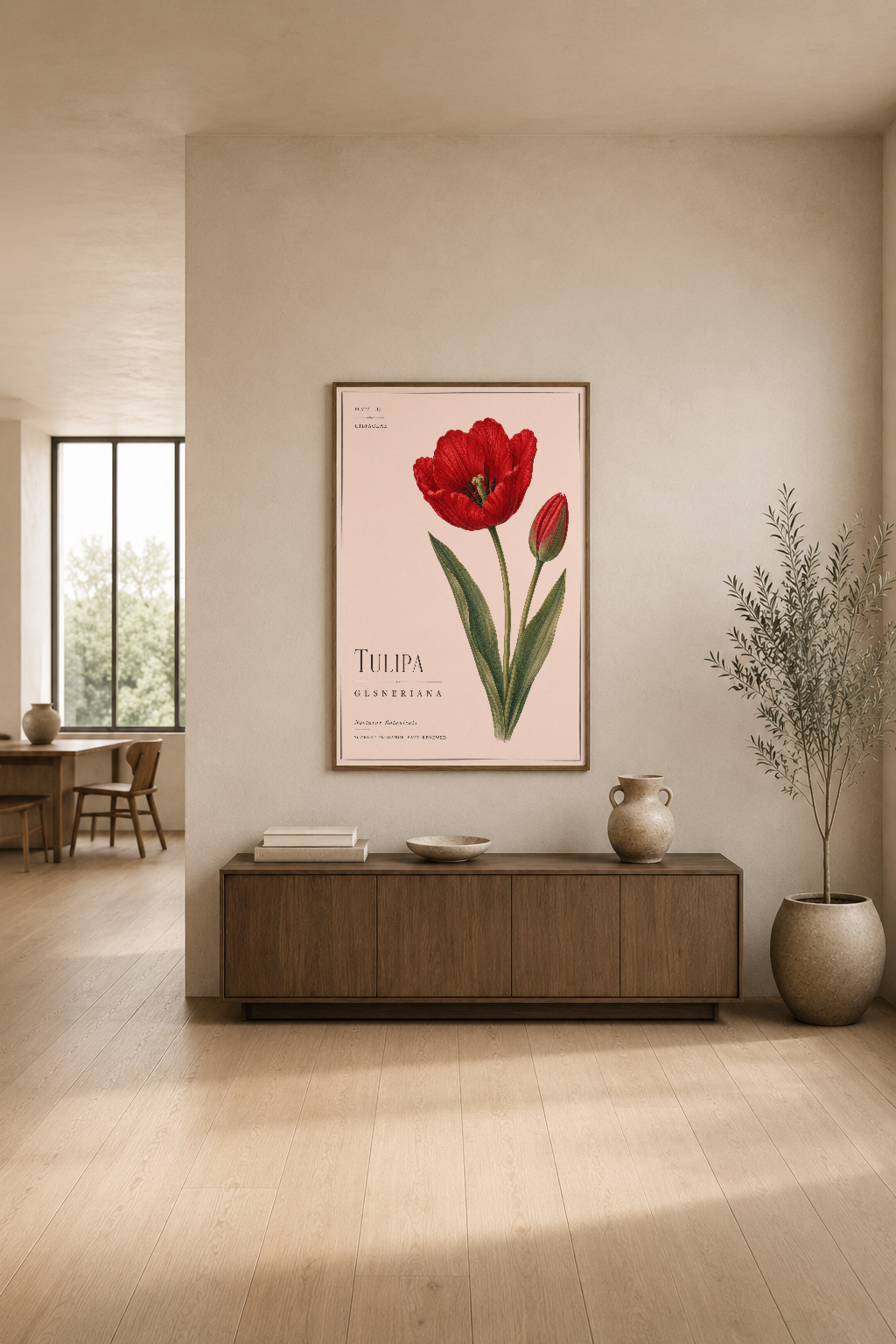 Açık renkli modern oturma odasında, ahşap mobilyanın üstünde asılı kırmızı lale sanat tablosu.