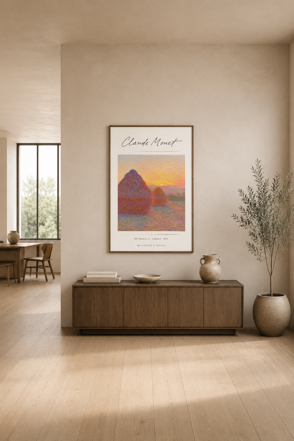 Monet'nin ünlü Samanlıklar serisi, modern minimalist oturma odasında sakin bir estetik yaratıyor.