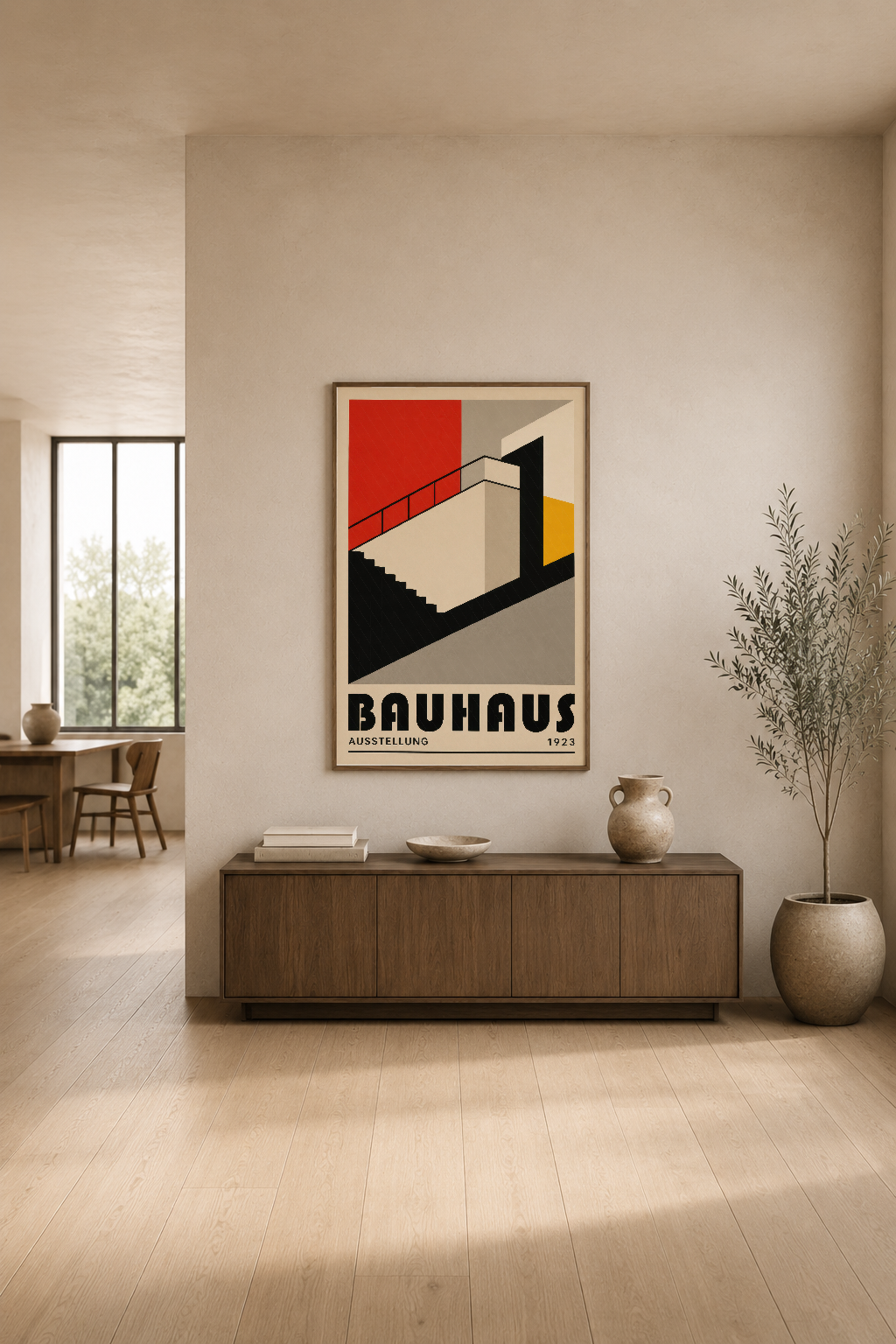 Bauhaus koleksiyonu, çağdaş oturma alanında ahşap komoda üzerinde sergilenen etkili sanat eseri.