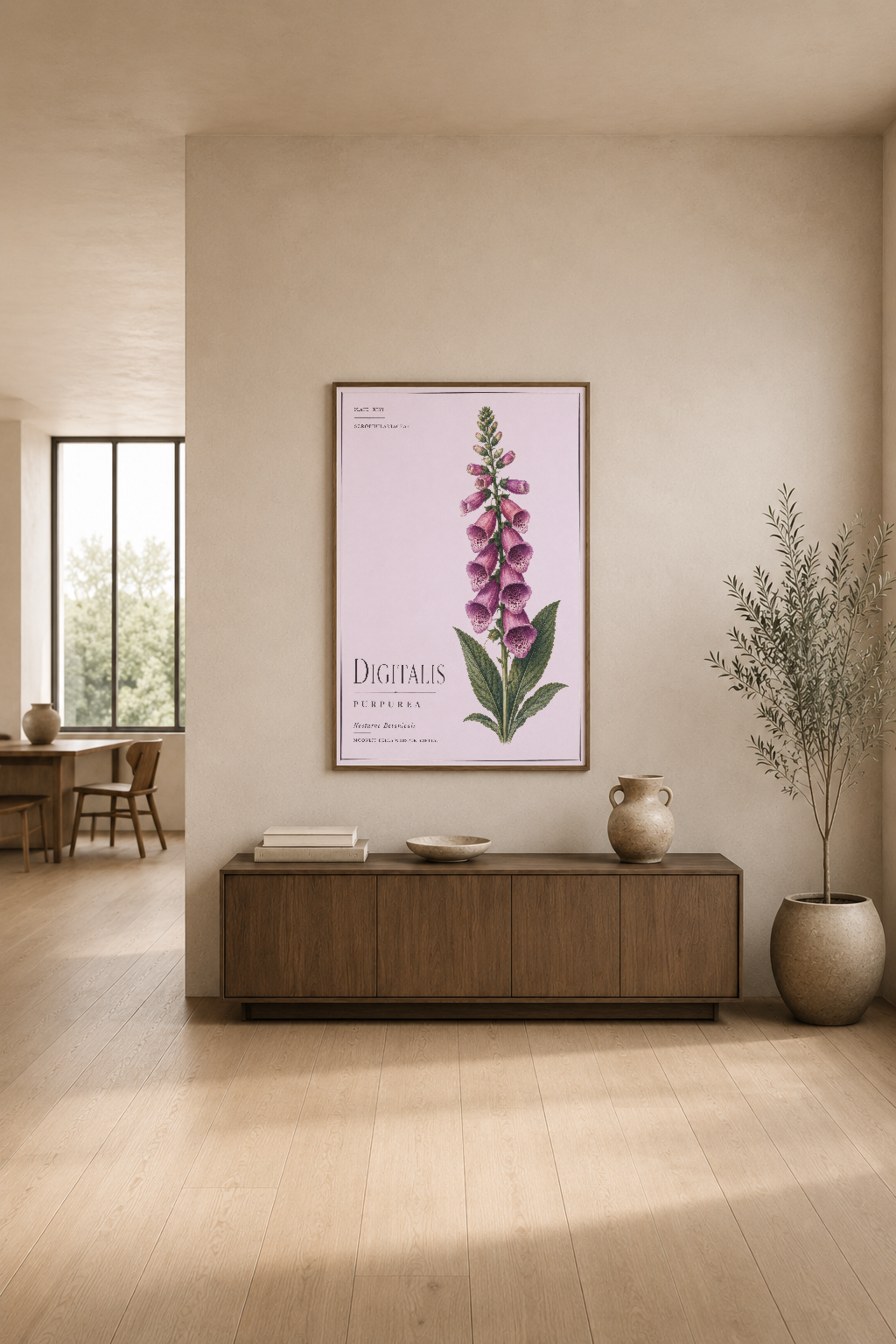 Mor digitalis baskı tablo, modern minimalist oturma odasında konsol üzerinde dekoratif öğelerle sunuluyor.