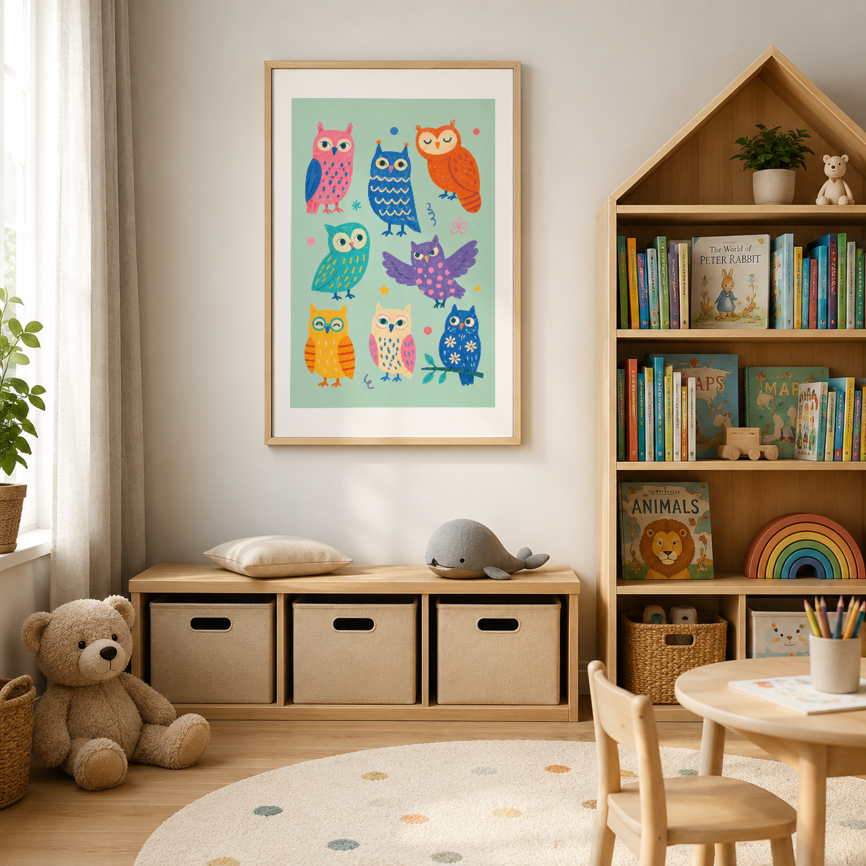 Dokuz farklı baykuş motifli sanat baskısı, ahşap çerçevede, çocuk odası duvarında sergilenen eğitici dekorasyon.