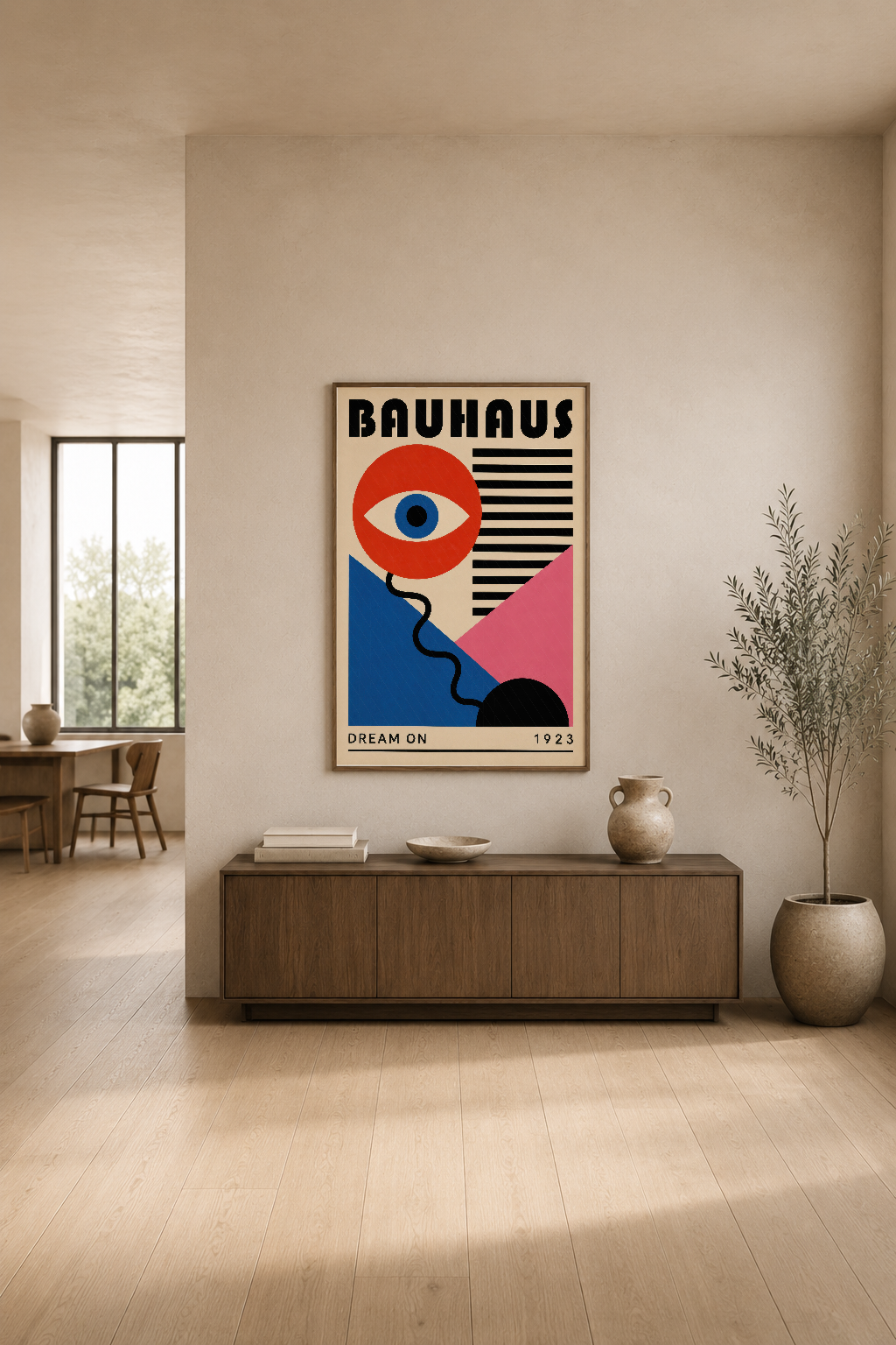 Bauhaus sanat tablosu, renkli soyut tasarım, modern oturma odasının duvarında, minimalist dekorasyon.
