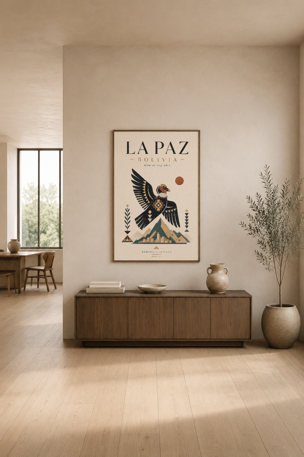 La Paz Bolivia posteri, modern oturma alanında ahşap mobilya yanında sanatsal dekorasyon etkisi yaratıyor.