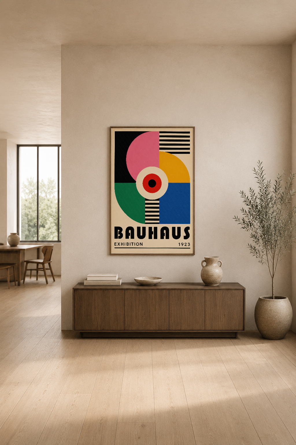 Bauhaus 1923 afişi, pembe, sarı, yeşil ve mavi renkleriyle modern tasarım oturma odasında duvar dekorasyon.