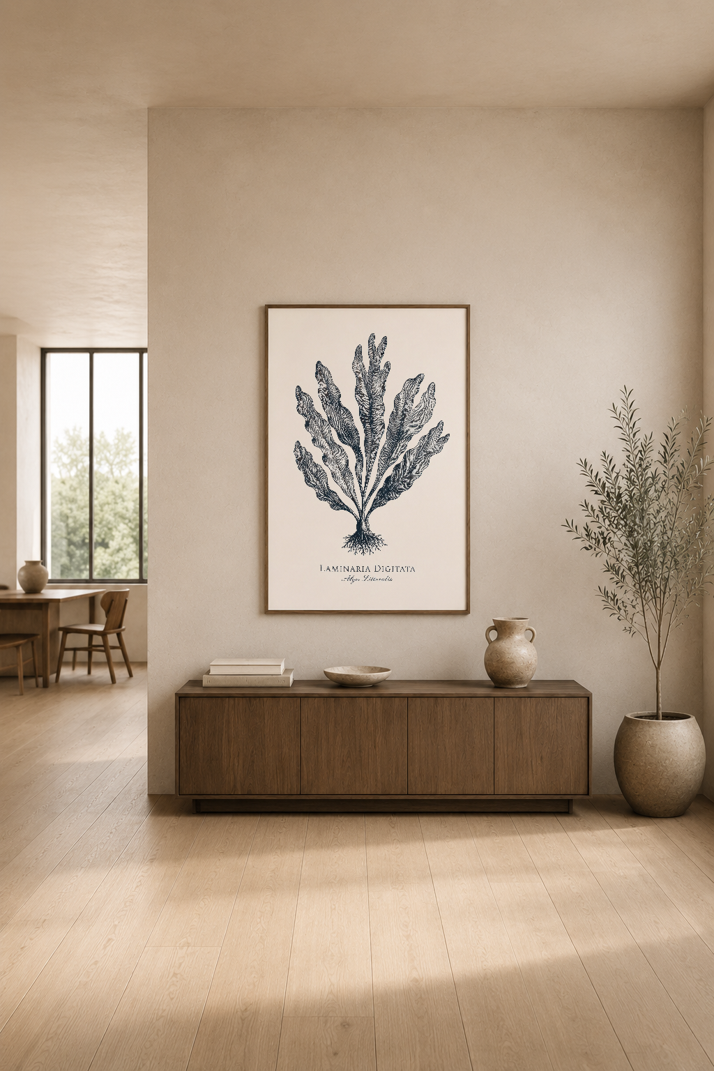 Laminaria Digitata baskı, modern oturma odasında konsol masasının üstünde, doğal ışıkta asılı duruyor.