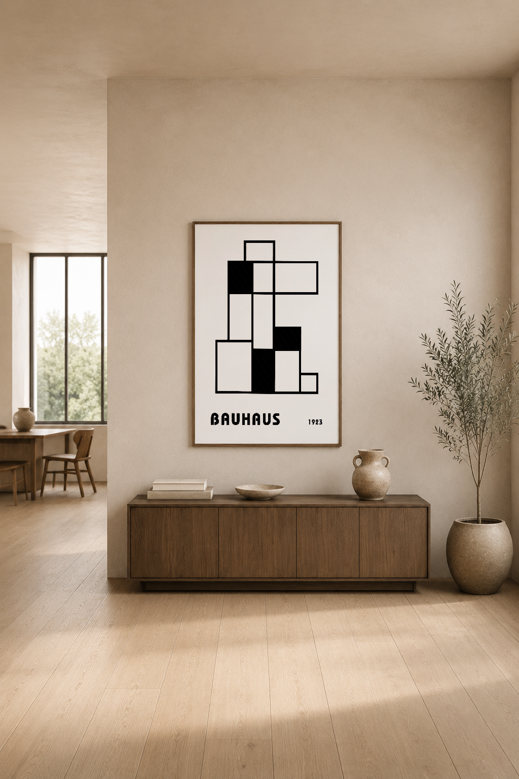 Bauhaus geometrik sanat tablosu, modern oturma alanında ahşap mobilya üstünde sergilenen siyah-beyaz tasarım.