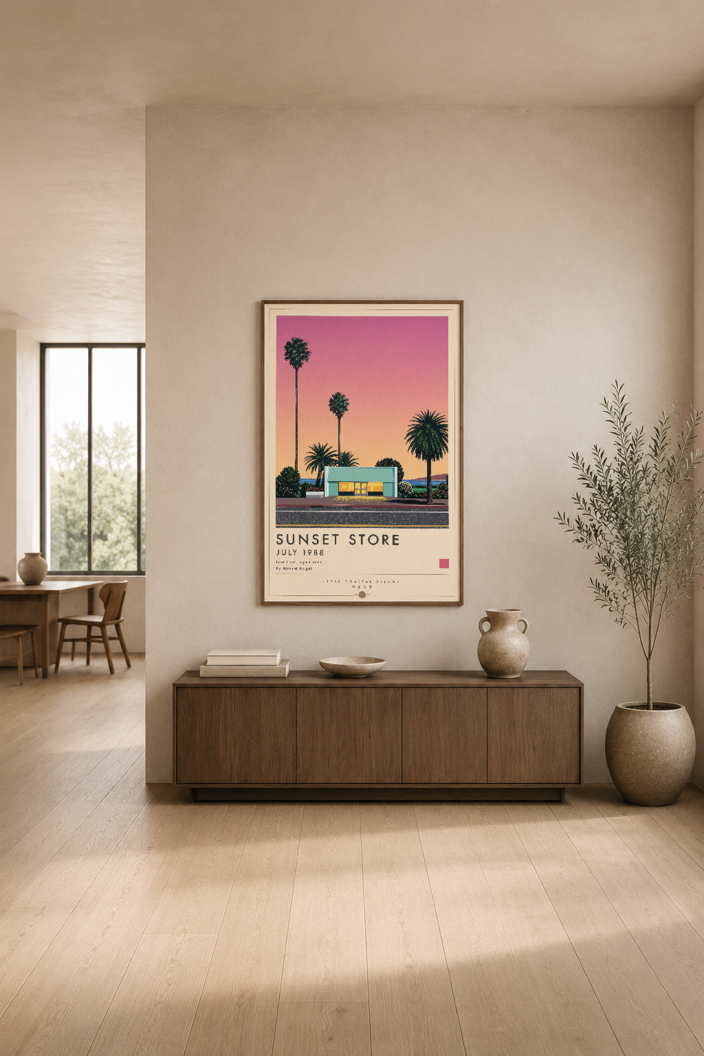 1988 Sunset Store posteri, modern oturma odasında ahşap konsol üstünde gradyan gökyüzü ve minimalist mimar stilini