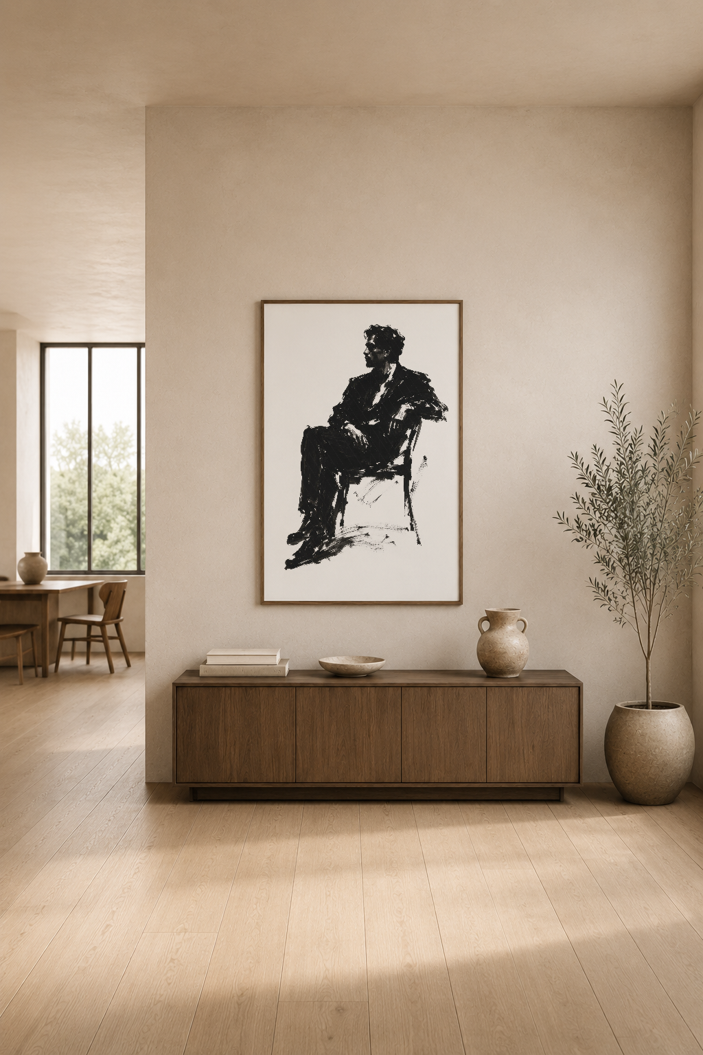 Minimalist iç tasarımda, oturma figürü tasvir eden siyah beyaz poster sanat