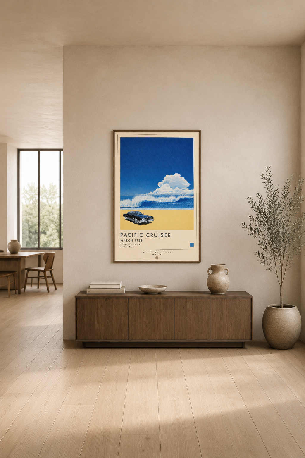 Pacific Cruiser sanat baskısı, modern minimalist oturma odasının üst kısmında asılı, deniz manzarası ve klasik otomobil