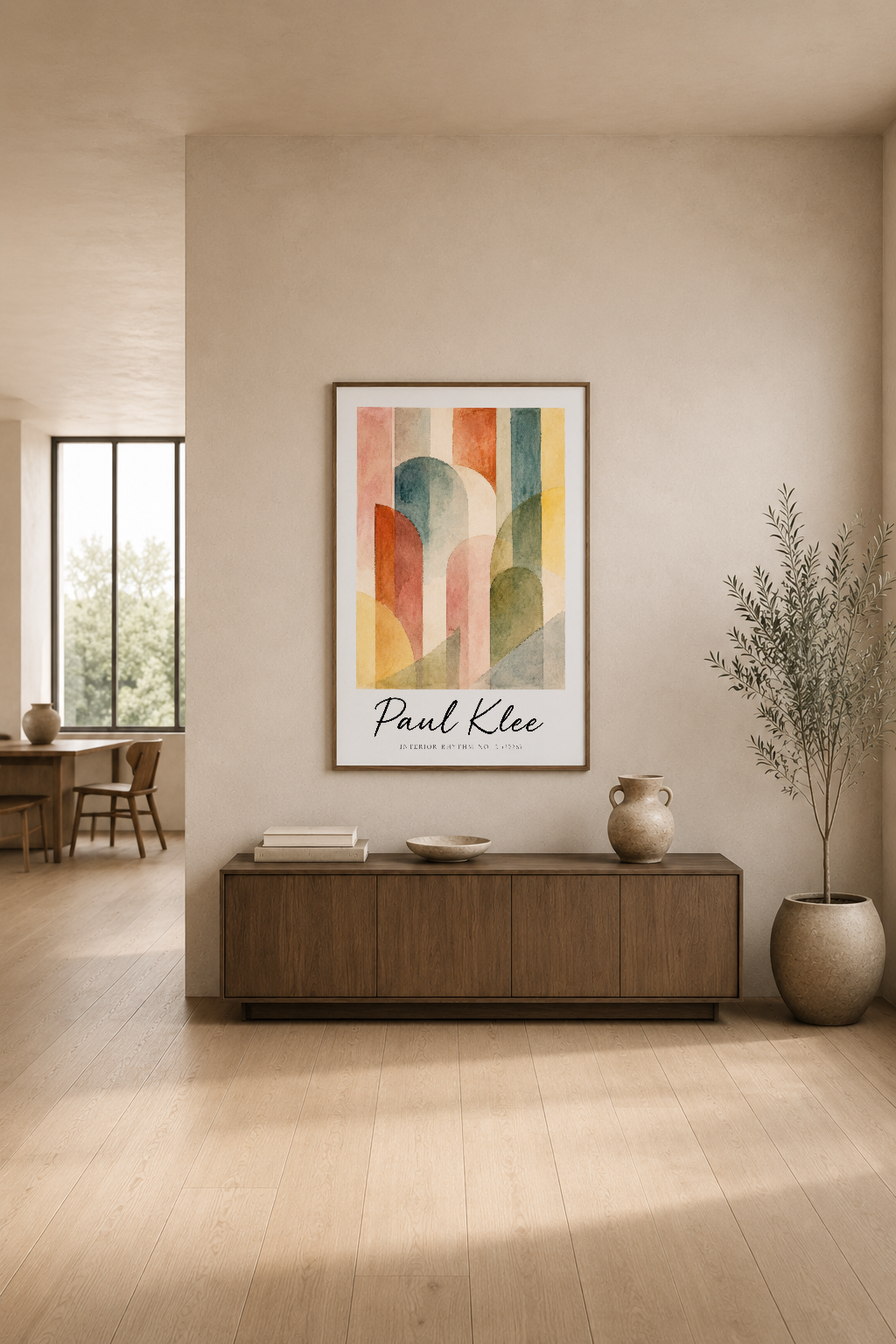Pastırma tonlarındaki şeritler ve yumuşak formlardan oluşan Paul Klee tablosu, minimalist odanın duvarını hareketlendirir.