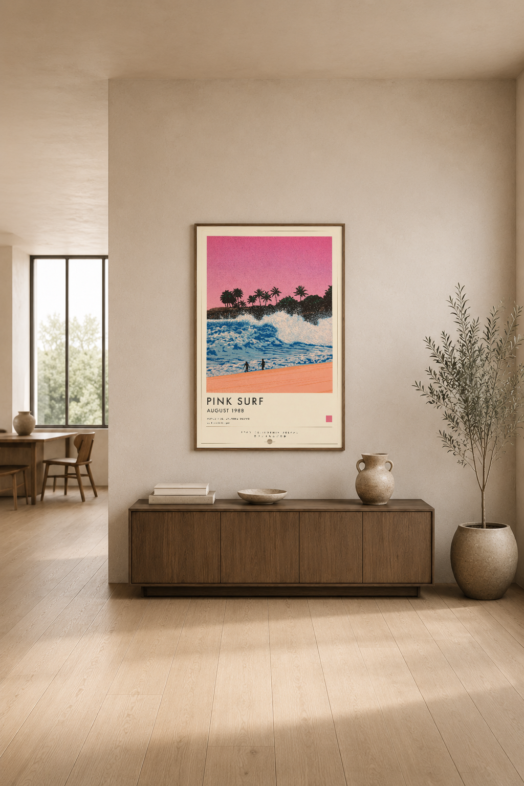 Retro sörf temalı sanat tablosu, modern oturma odasında nötr tonlara uyum sağlayarak açık ve huzurlu atmosfer yaratıyor.