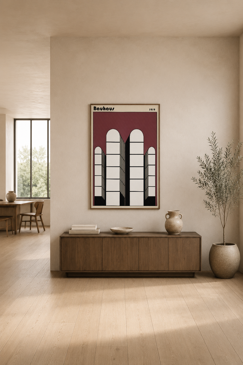 Bauhaus 1919 tablosu, ışık dolu oturma odasında dekoratif konsol üstünde sergilenen modern sanat.