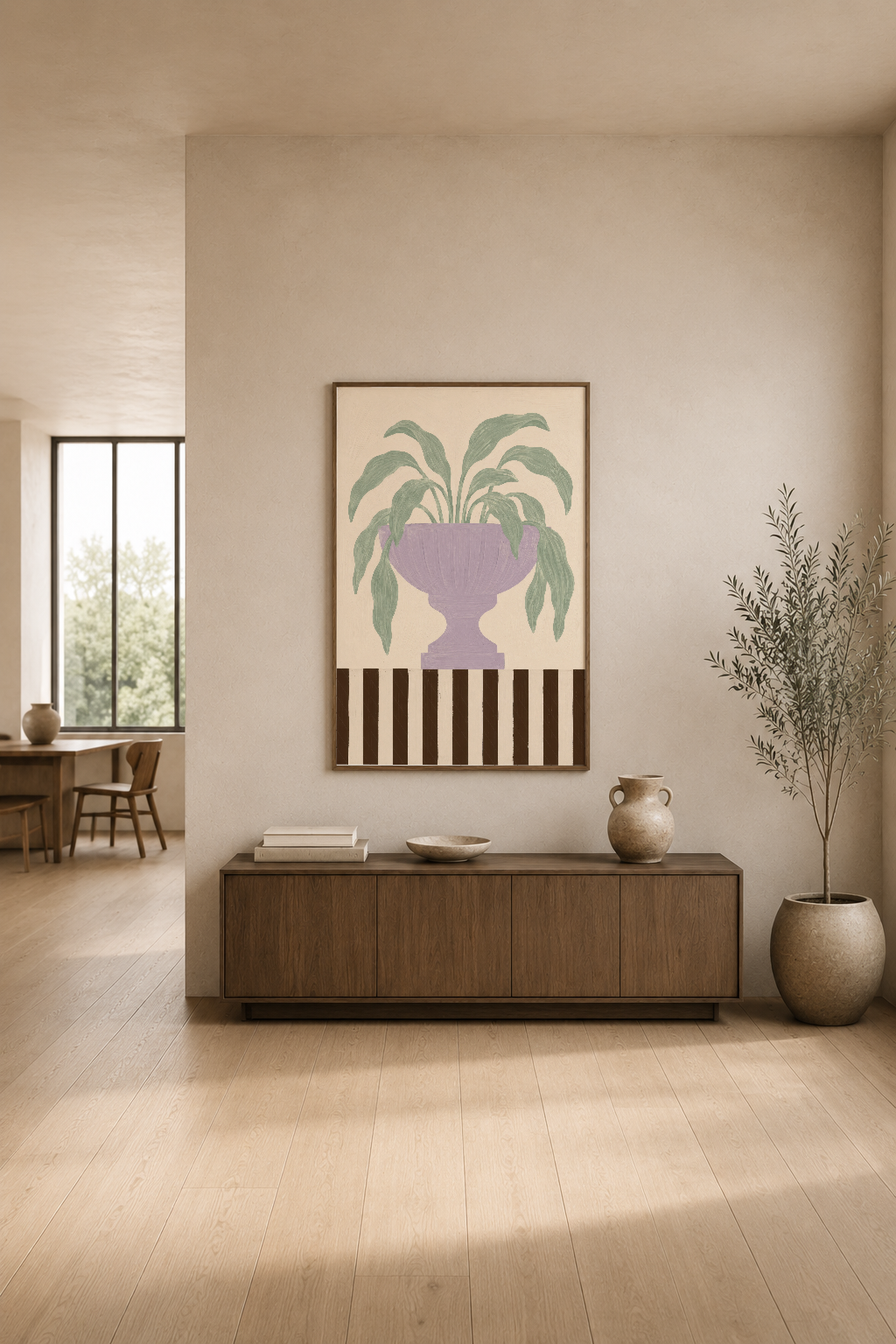 Pastel mor vazo ve yeşil bitkili modern poster, ahşap konsol üzerinde seramik aksesuar ile sergilenen.