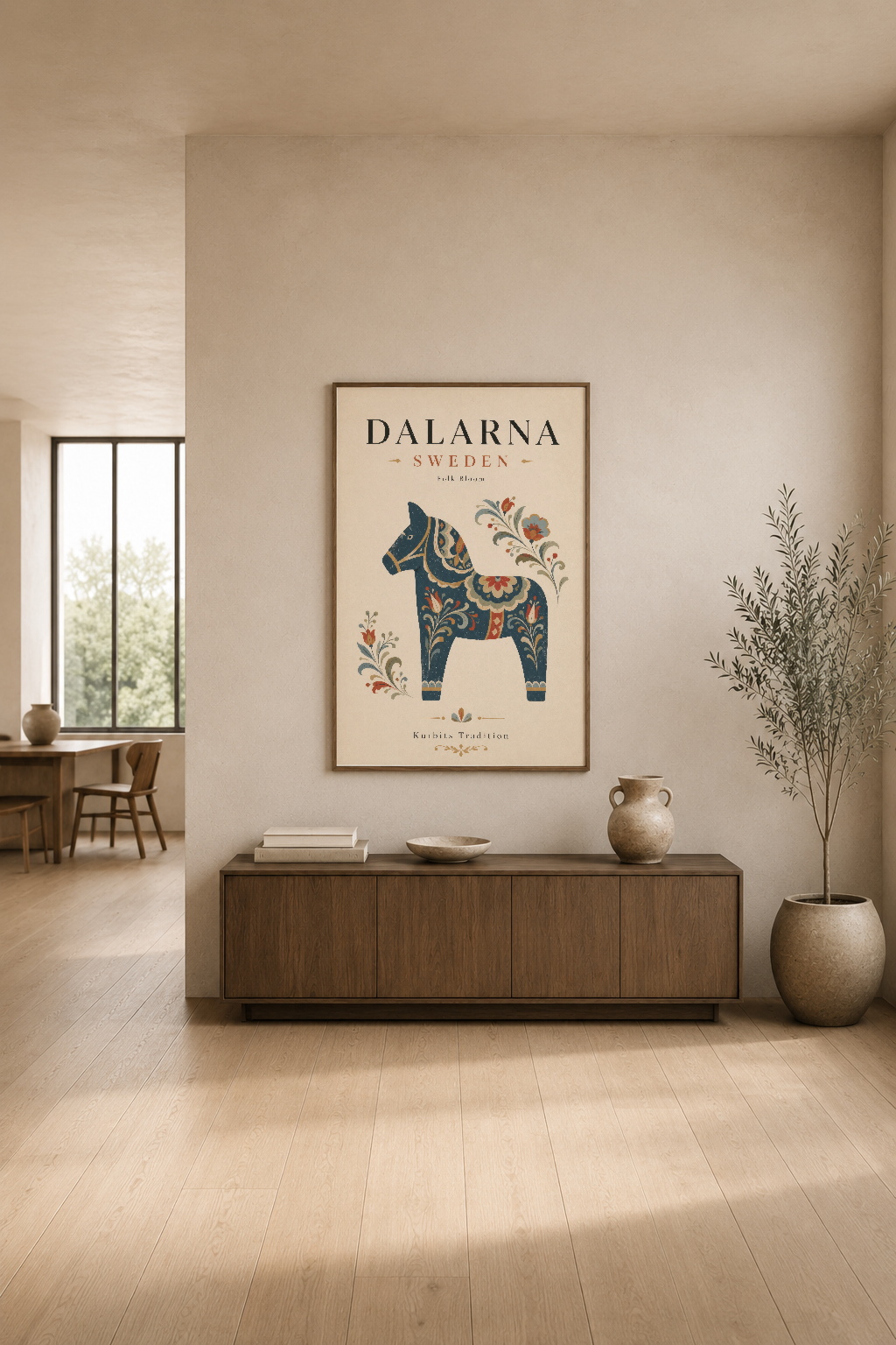 Kurbits deseniyle bezenmiş Dalarna atı tablosu, modern minimalist odada duvar dekorasyonu olarak görkemli bir şekilde yer