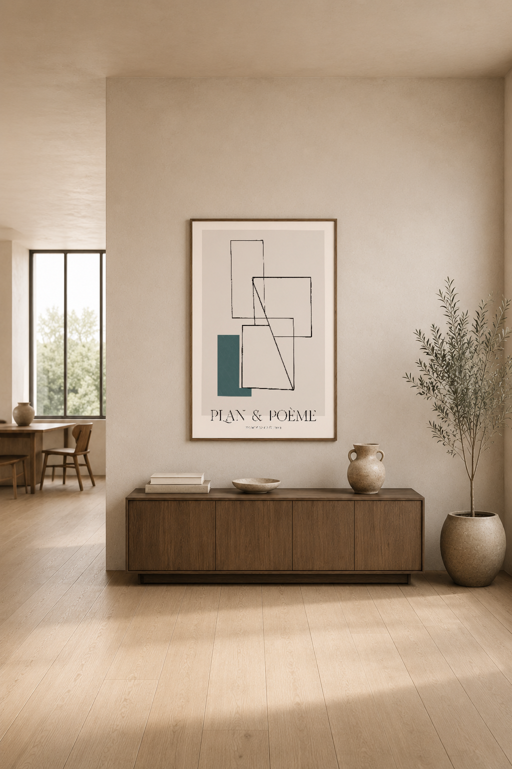 Çizgisel şekiller ve renk detayıyla modern sanat eseri, minimal iç dekorasyonda asılı poster.