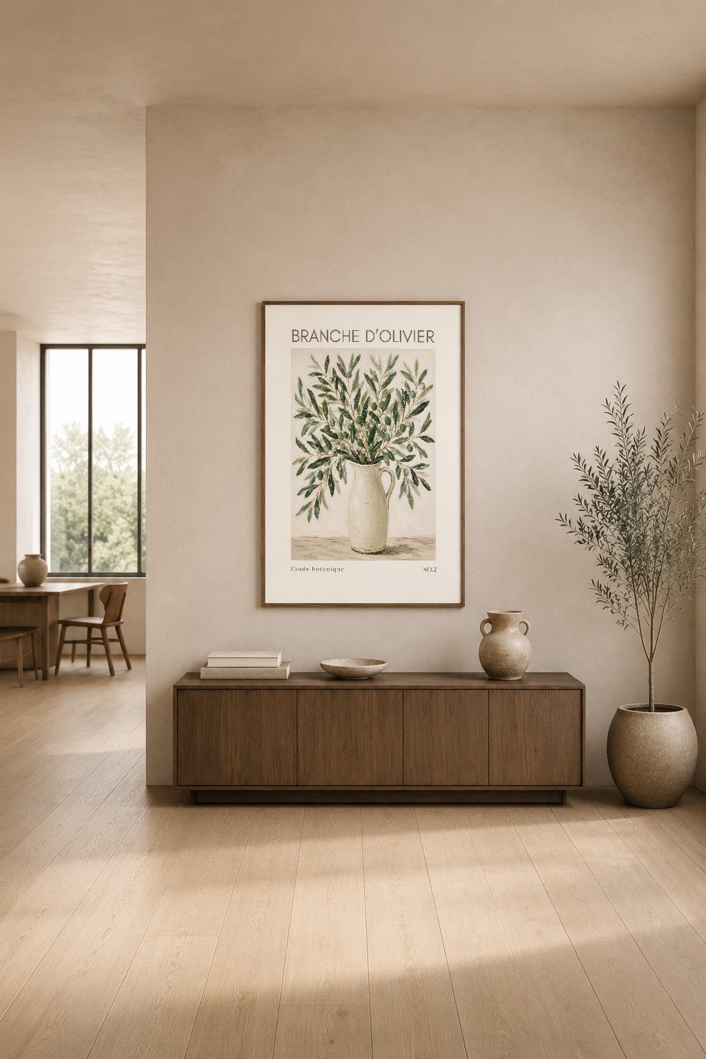 Krem tonlarında oturma alanında duvar üzerine asılı zeytin dalı çalışması, modern minimalist dekorasyon.