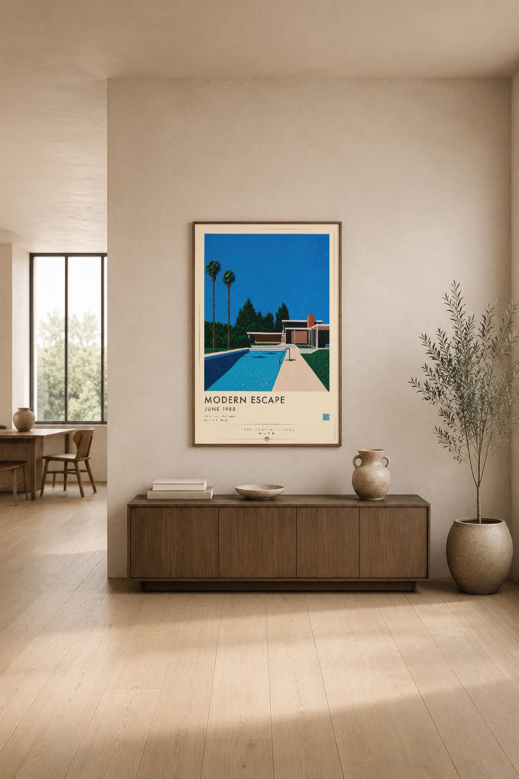 Turkuaz havuz ve palmiyelerin yer aldığı retro tarzı modern kaçış posteri, minimalist oturma alanında.