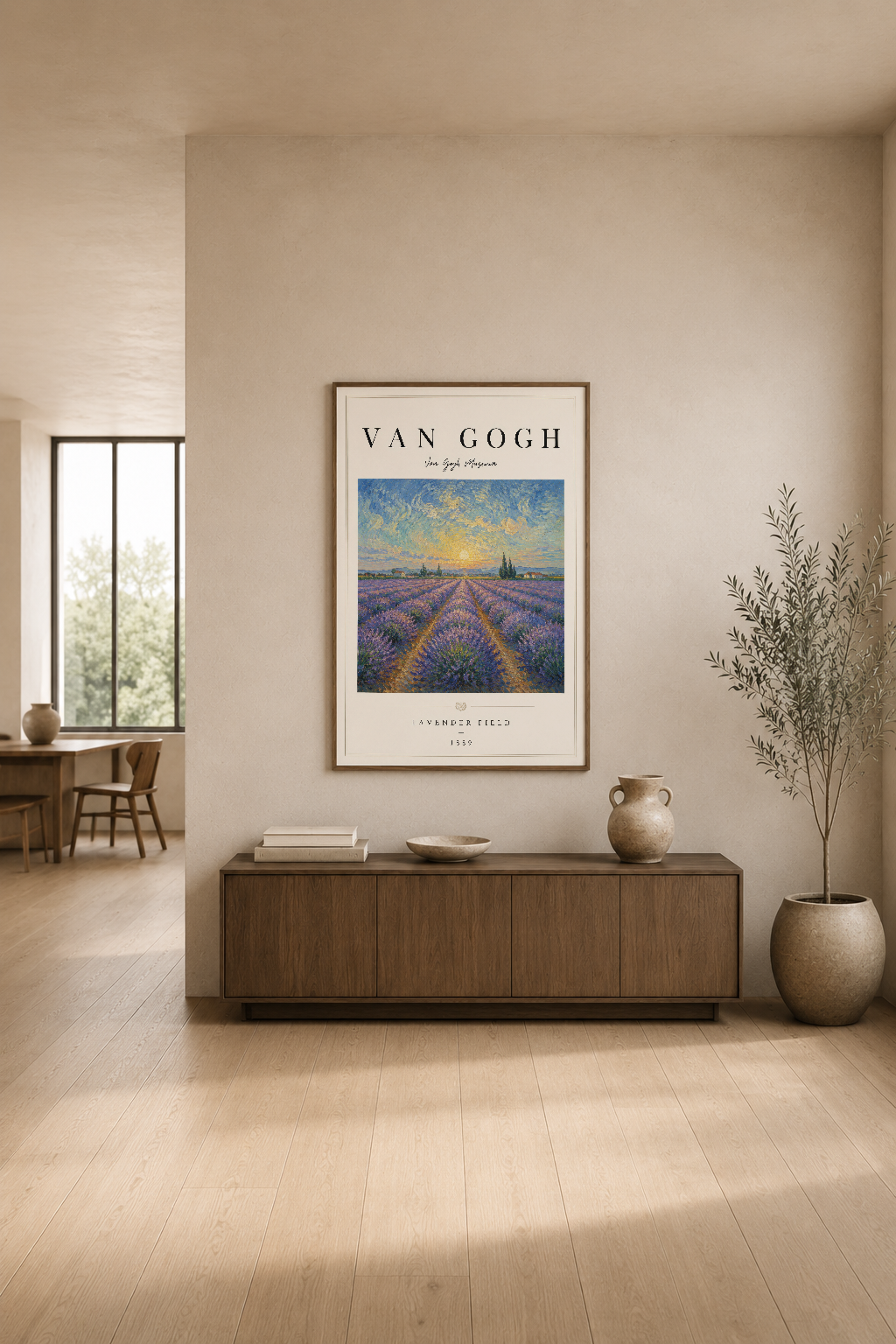 Van Gogh Lavanta Tarlası posteri, modern ev dekorasyonunda ahşap konsol üzerinde zarif şekilde sergilenen sanat eseri.