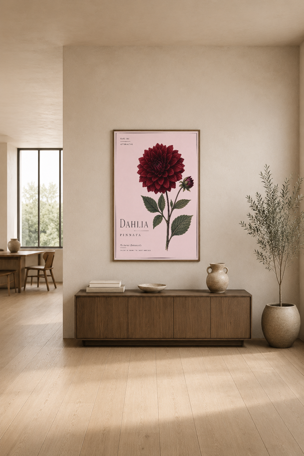 Minimalist oturma alanında, ahşap dolabın üstünde asılı kırmızı çiçekli Dahlia baskı tablosu.