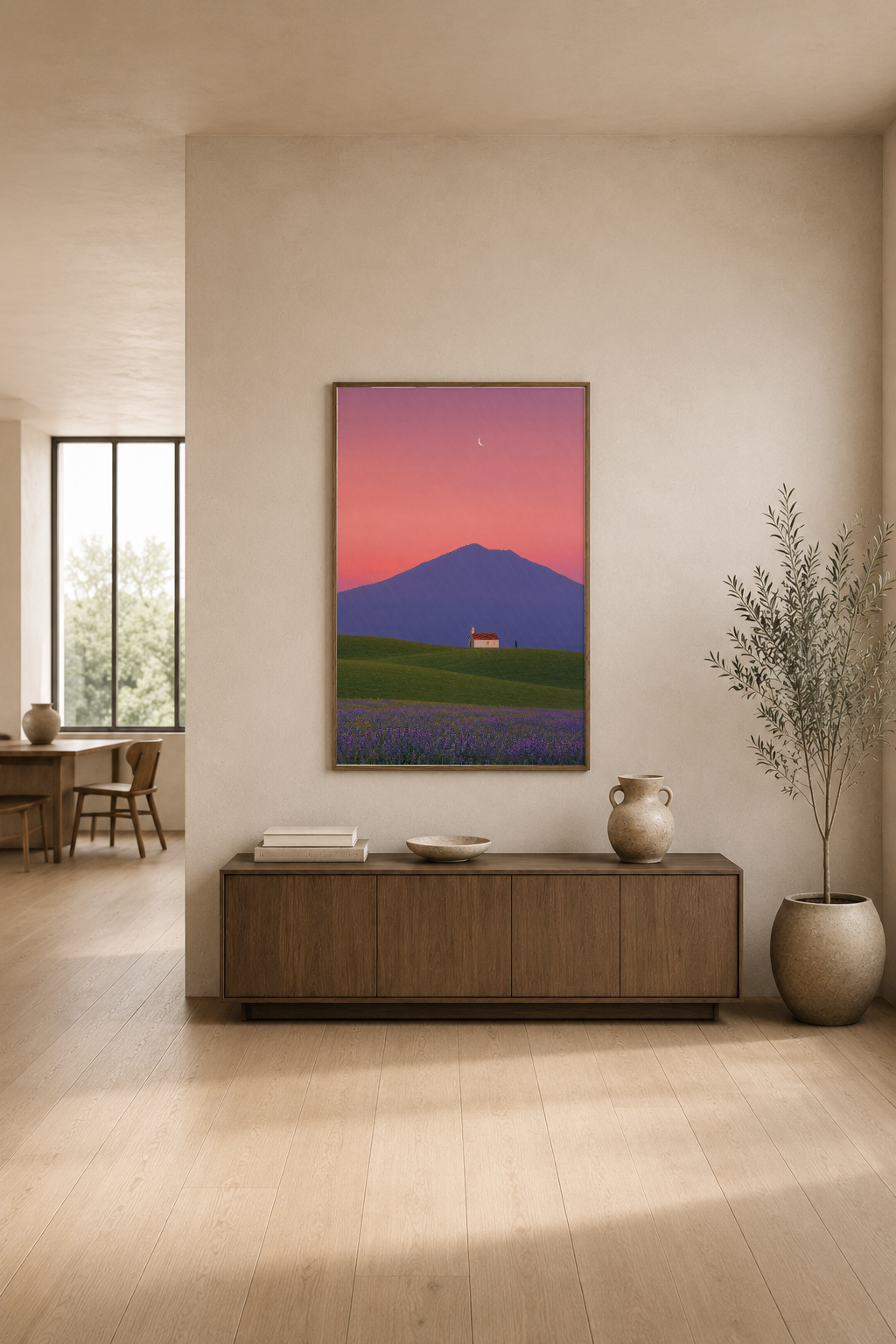 Pembe gün batımı manzarası poster, dağ ve tarla konulu modern tablonun oturma odasında sergilenmesi.