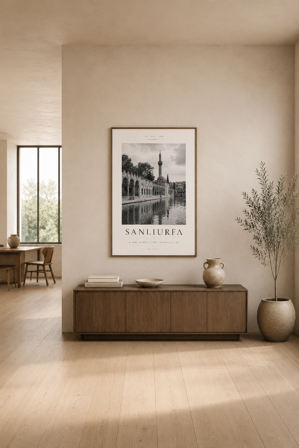 Şanlıurfa konulu minimalist poster, samimi oturma alanında ahşap konsol üstünde sergilenen dekoratif duvar sanatı.