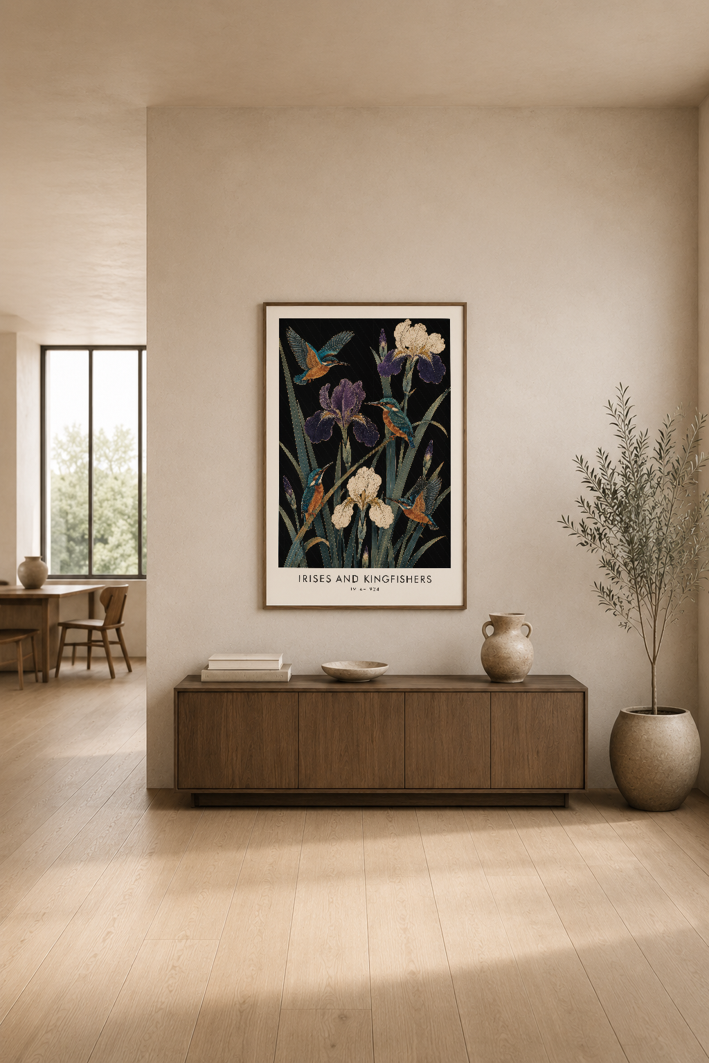 Beyaz çerçeveli iris ve kısfişek postteri, minimalist oturma odasında konsol üstünde sergileniyor