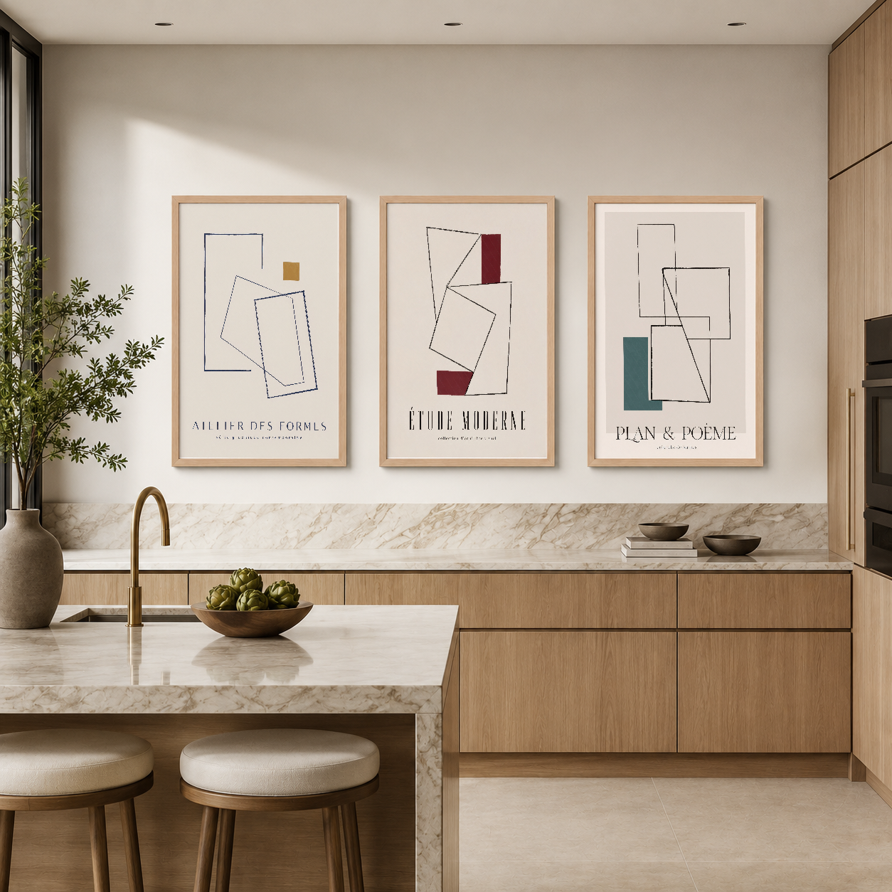 Soyut çizgiler ve düz renklerle tasarlanmış üç parçalı poster seti, mutfak tasarımında mermer arka panel üzerinde.
