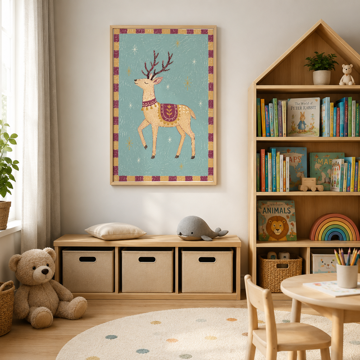 Çocuk odasının ahşap raf ve kitap koleksiyonunun üstünde, dekoratif geyik posteri.