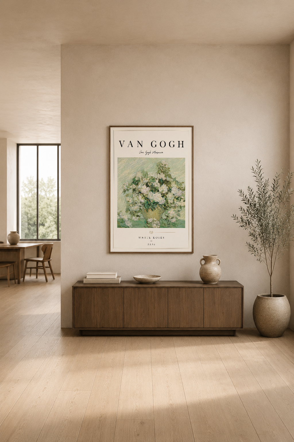 Beyaz çiçek temalı Van Gogh posteri, modern oturma odasında minimalist iç tasarımın merkezinde yer alıyor.