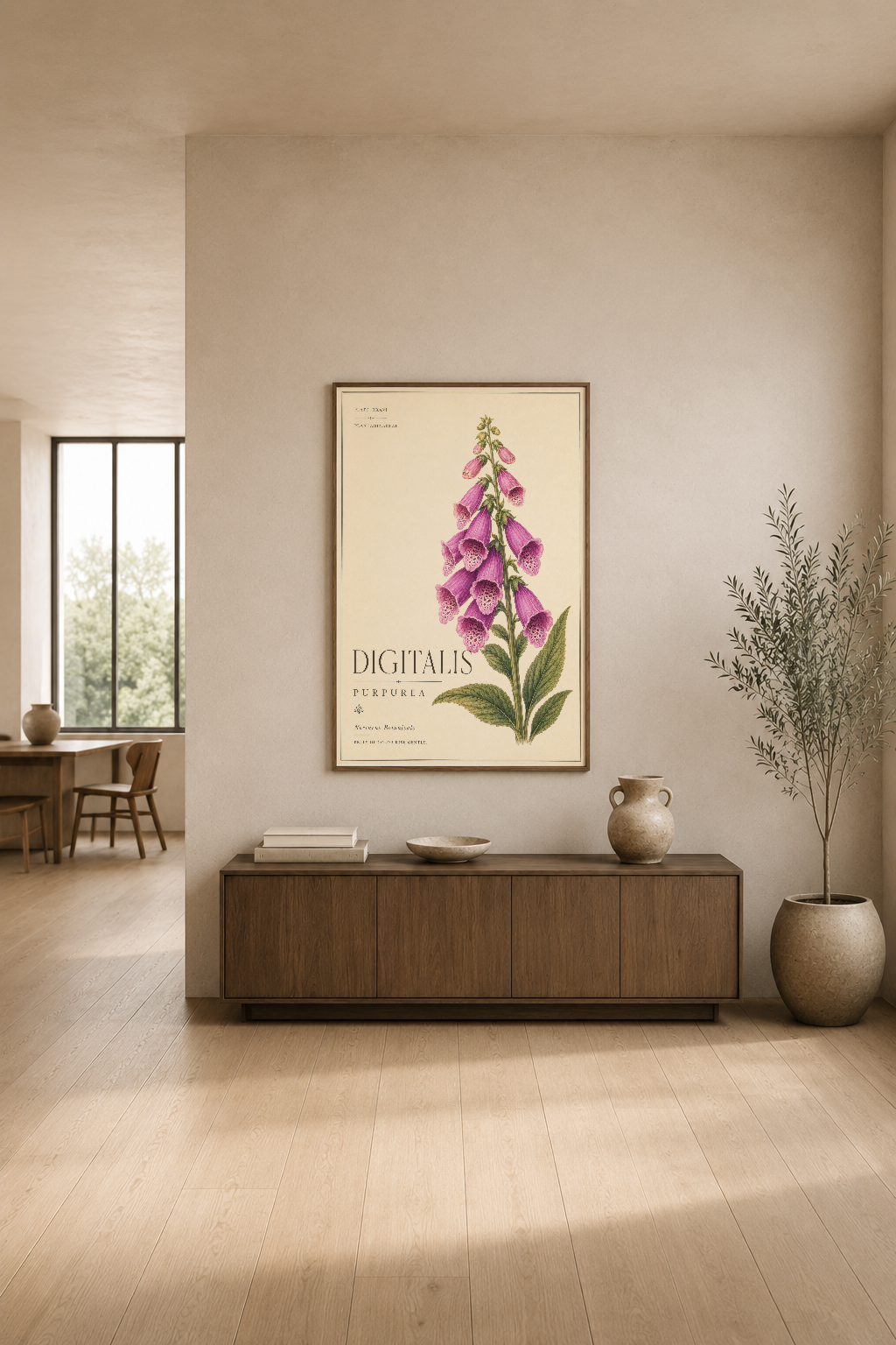 Klasik bitki illüstrasyonu tablosu, modern minimalist oturma odasının duvarında.