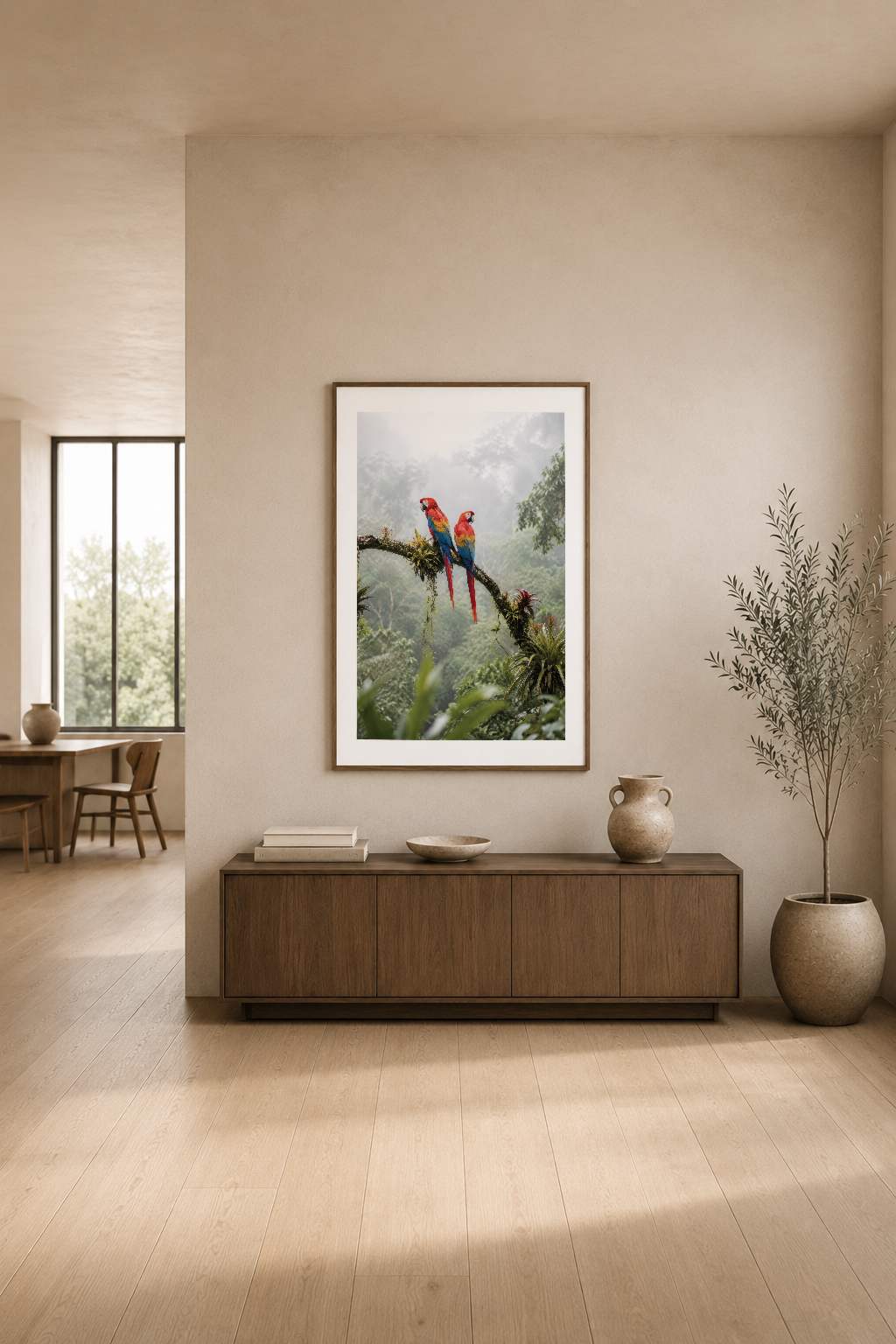 Minimalist oturma odasında, kominin üstünde sergilenen renkli macaw papağan sahnesi poster tablosu.