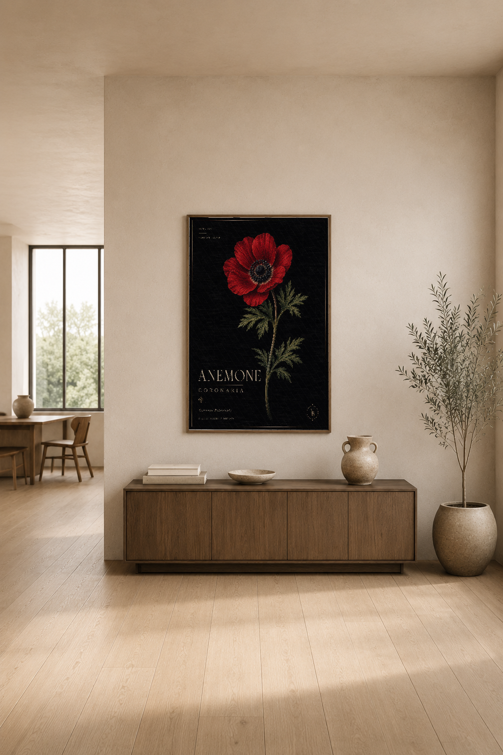 Anemone Coronaria botanik tablosu, minimalist oturma odasında ahşap konsol üstünde modern duvar dekorasyonu.