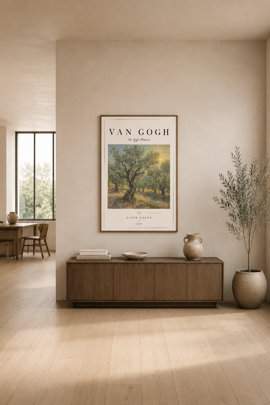 Van Gogh'un Zeytin Bahçesi posteri, modern oturma odasının duvarında, konsol üstündeki çiçek ve dekoratif objeler yanında