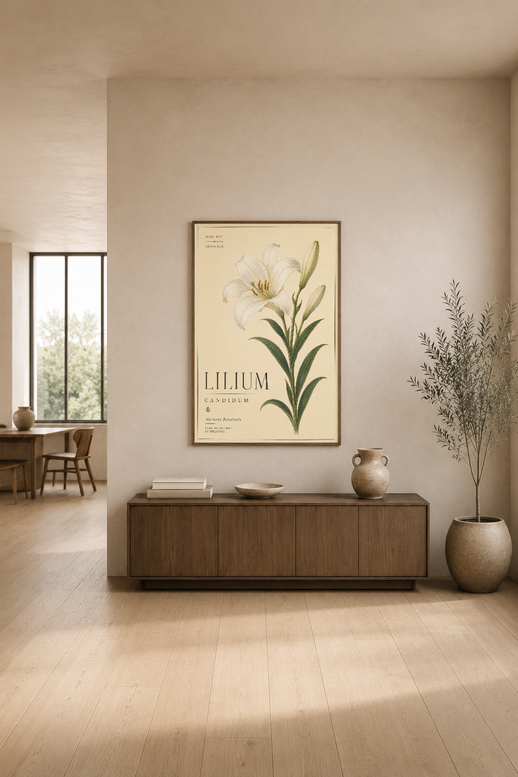 Beyaz lilyum tablosu, modern minimalist oturma alanında ahşap konsol üstünde asılı, doğal ışınla aydınlanan.