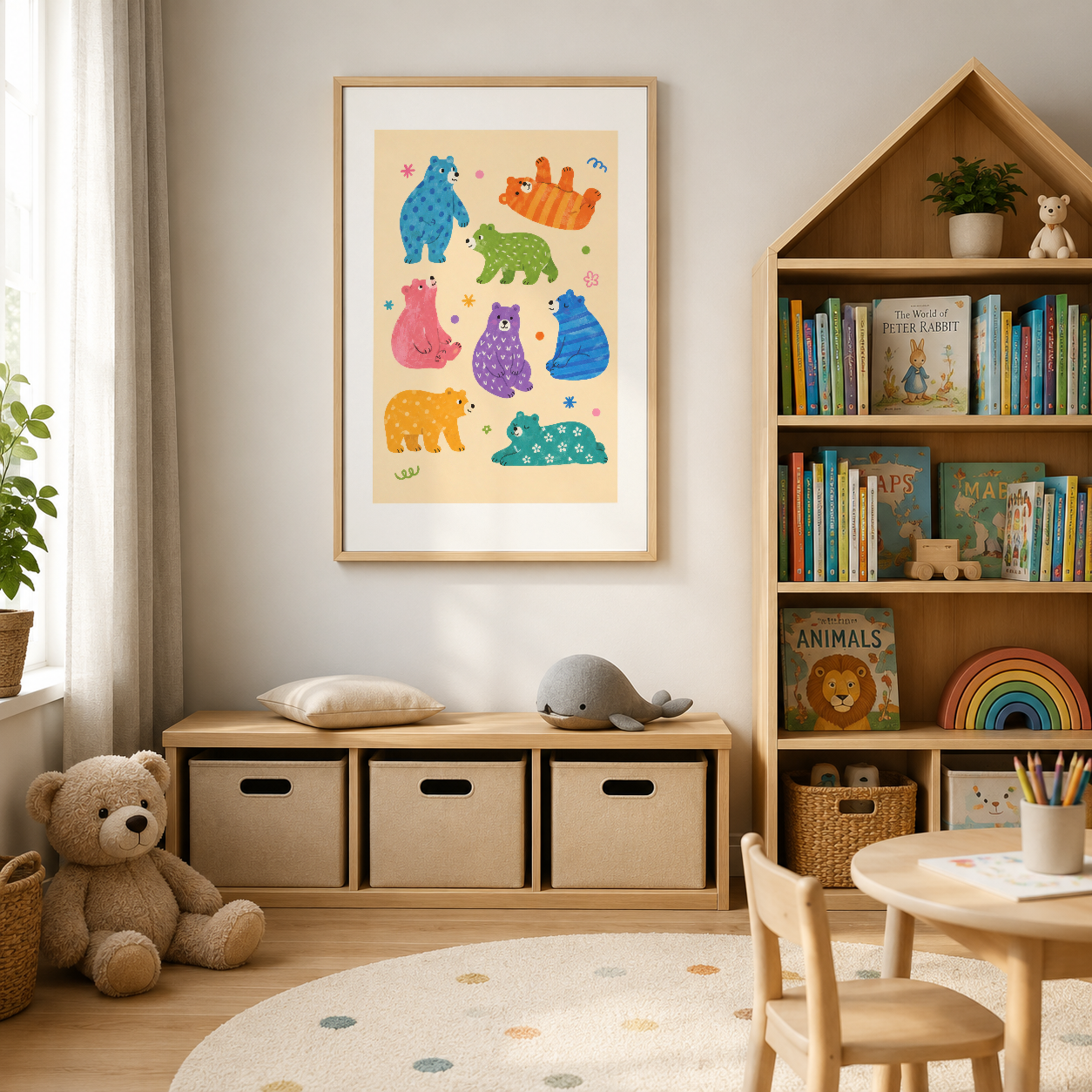 Pastel tonlu çocuk oyun odasında asılı, canlı renkli ayılar ve kalelerin ilustre edildiği eğlenceli duvar sanat eseri.