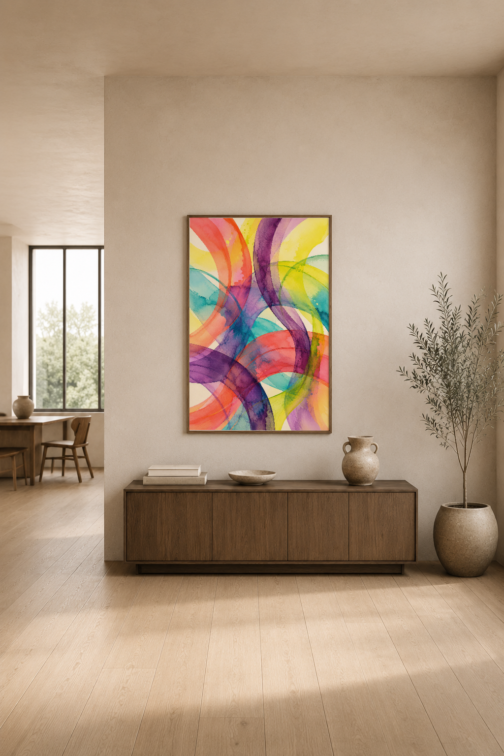 Minimalist oturma alanında, canlı renk geçişleriyle tasarlanmış soyut geometrik tablonun zarif gösterimi.