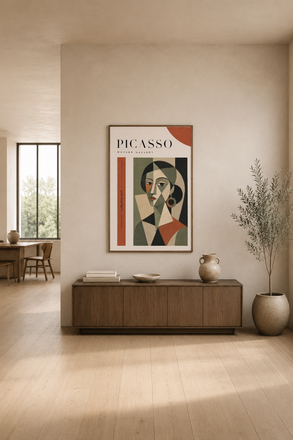 Picasso Modern Gallery posterinin oturma odasındaki duvar sunumu, minimal dekorasyon stilinde.