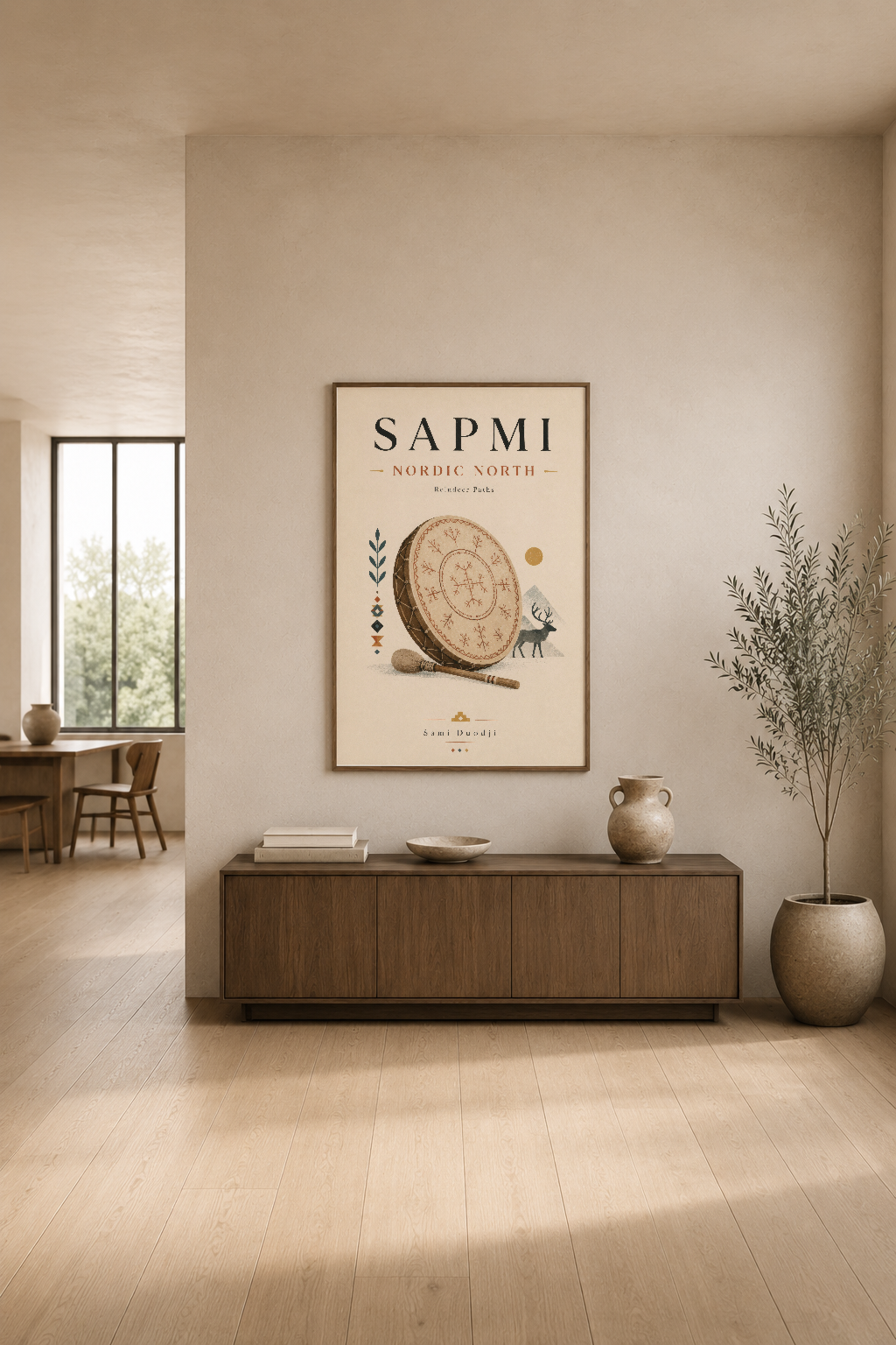 Sapmi Nordic North poster, doğal ahşap mobilya ve bitki aksesuarlarıyla dekore edilmiş modern minimalist odanın duvarında.