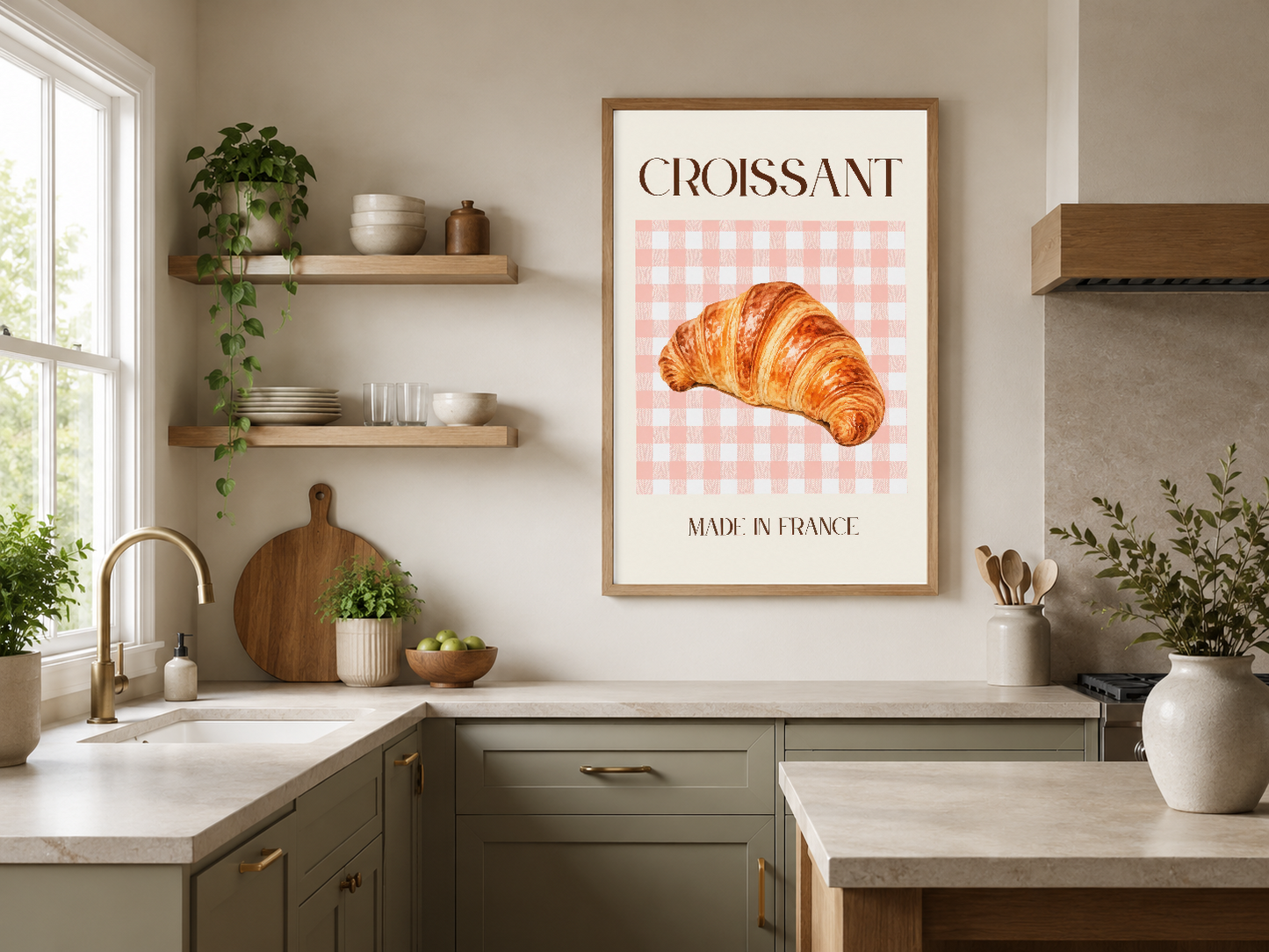 Fransa'da üretilmiş Croissant posteri, pembe ve beyaz kareli arka plan üzerine gerçekçi croissant görseli, ahşap çerçeveli,