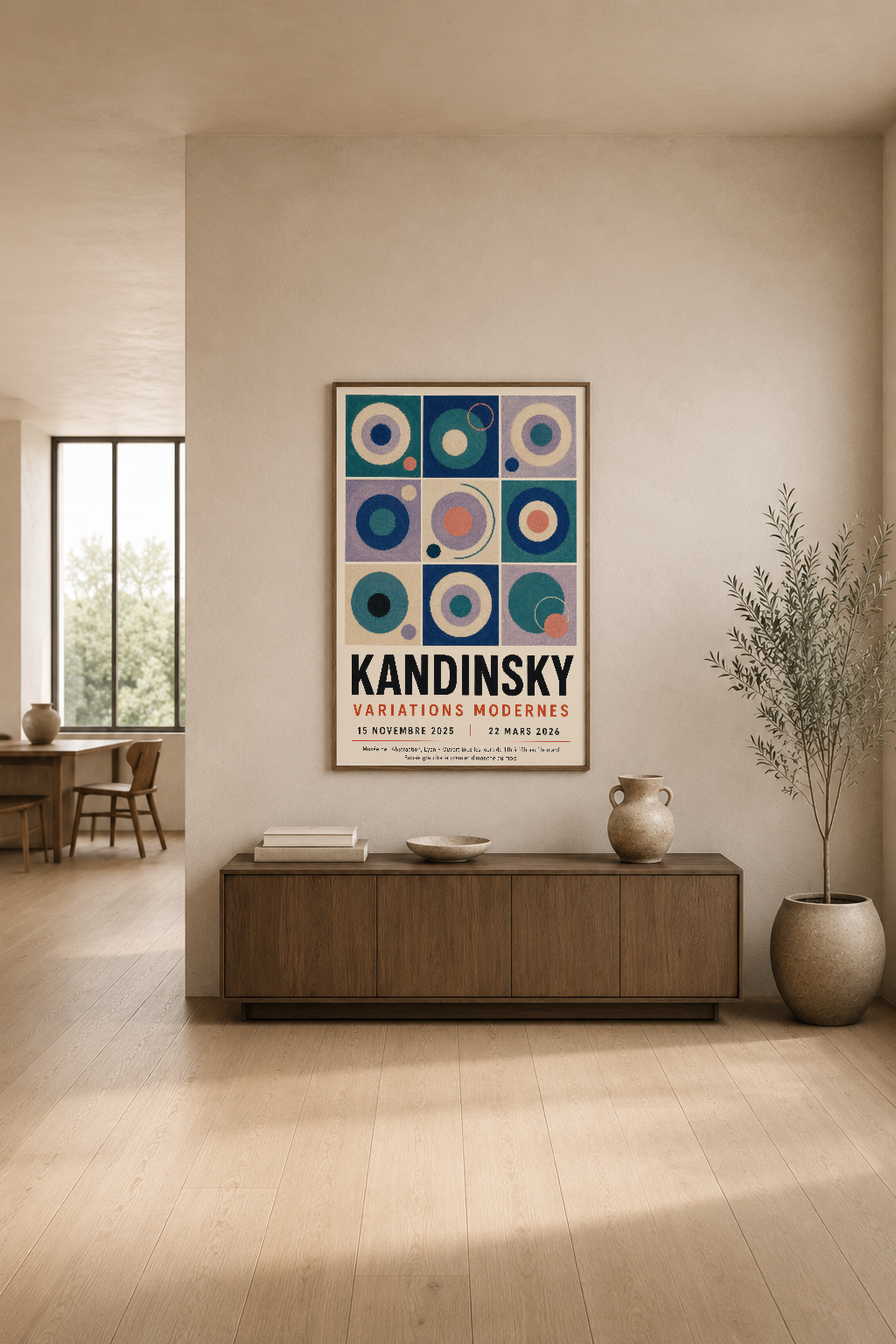 Renkli geometrik dairelerden oluşan Kandinsky tasarımı, modern oturma odasında ahşap mobilya üzerine sergileniyor.