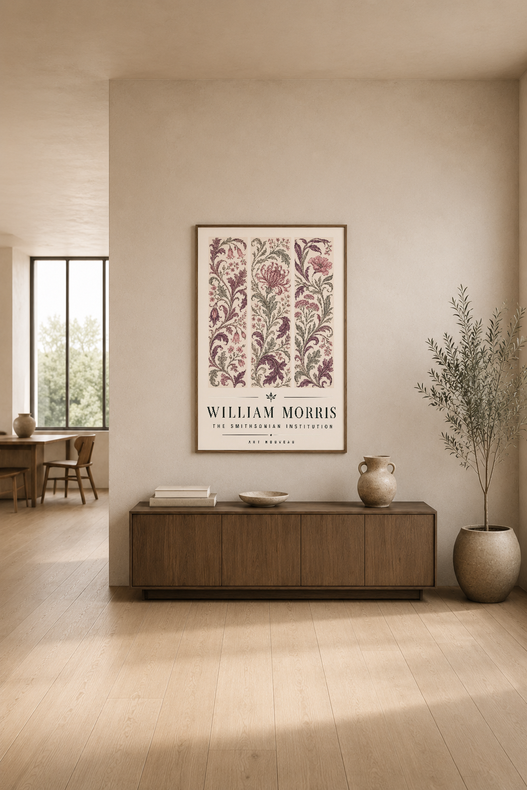 William Morris baskısı, ahşap mobilya ve bitki aksesuarlarıyla modern oturma alanını tamamlayan sanat eseri.