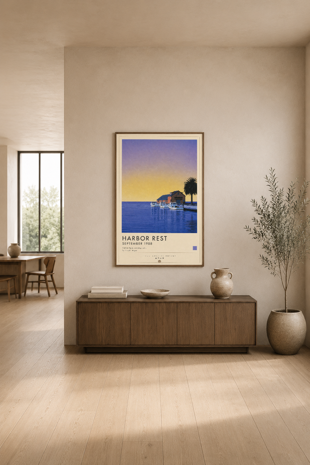 Harbor Rest posteri, modern oturma odasında şık bir dekorasyon öğesi olarak sergilenmektedir.