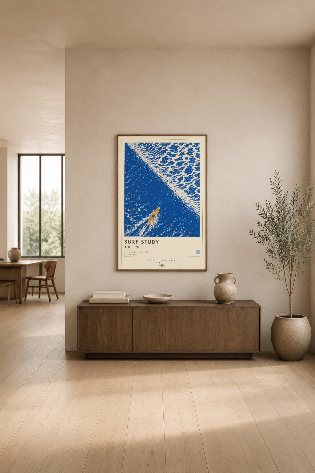 Modern oturma odasının duvarında asılı, ahşap mobilyaların üzerinde Surf Study posteri, minimalist dekorasyon