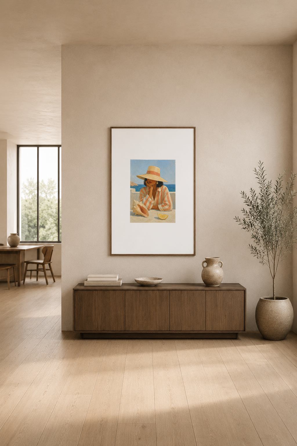 Çağdaş oturma odasında, ahşap konsol üstünde deniz manzaralı ressam eseri duvar tablosu.