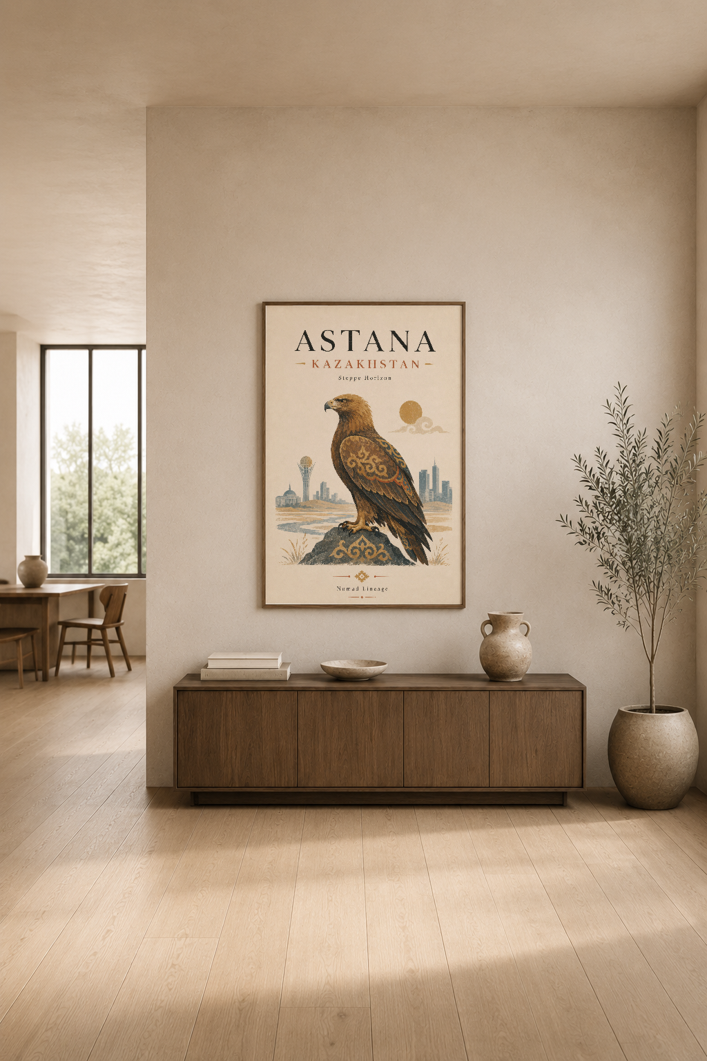 Astana Kazakistan posterinin modern oturma odasında ahşap konsol üzerindeki zarif sunumu.