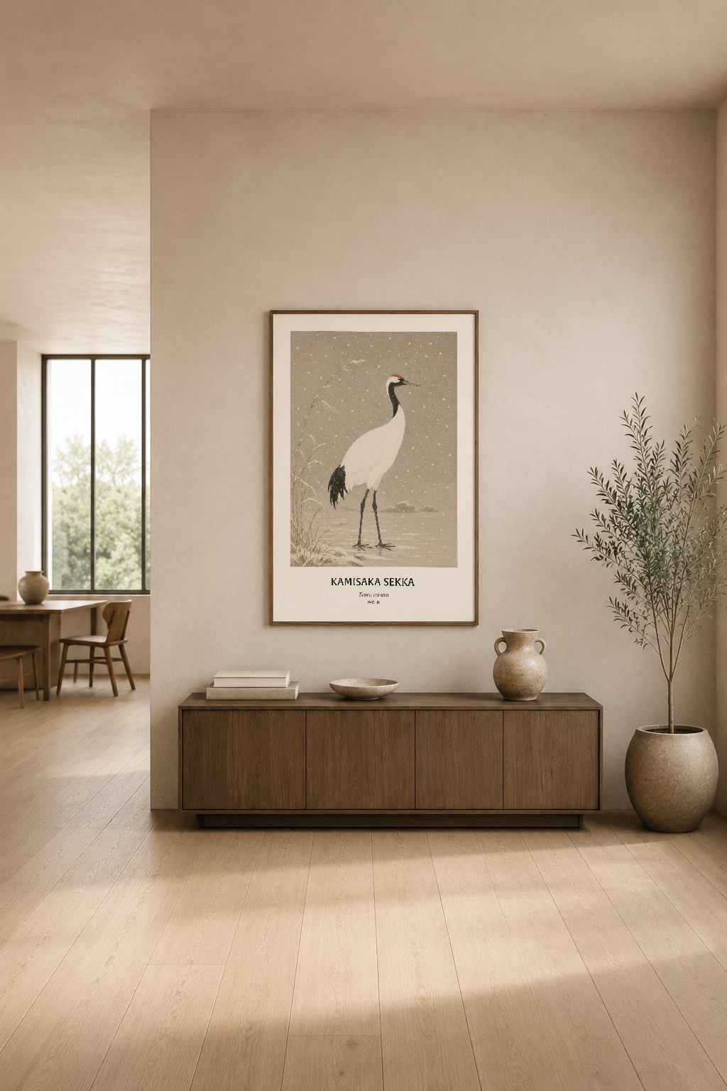 Beige oturma odasının merkezinde, doğal ışıkla aydınlanan sakin turna sanat eseri sergileniyor.
